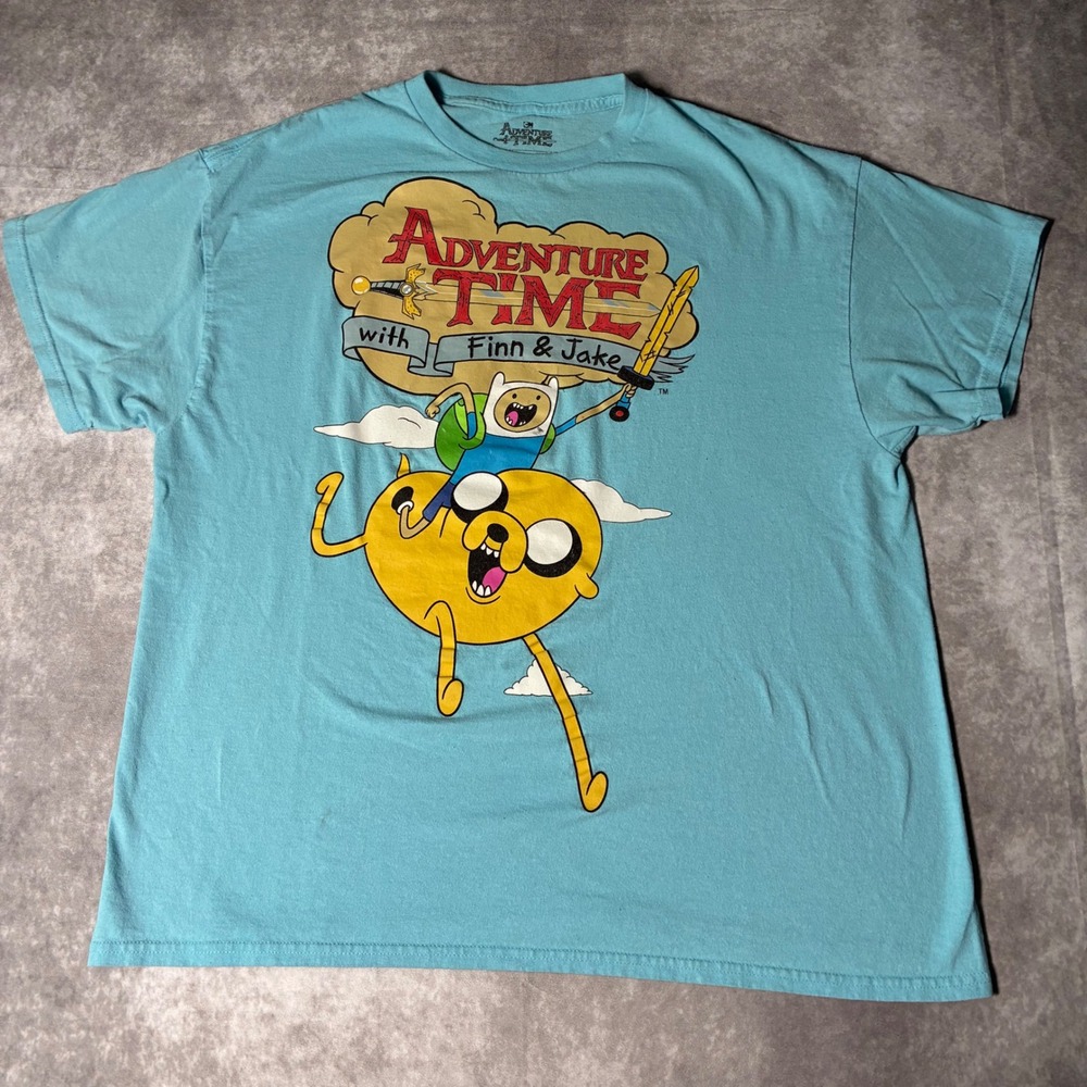 2010s Cartoon Network Adventure Time Finn and Jake Blue Graphic T-Shirt Mens XL